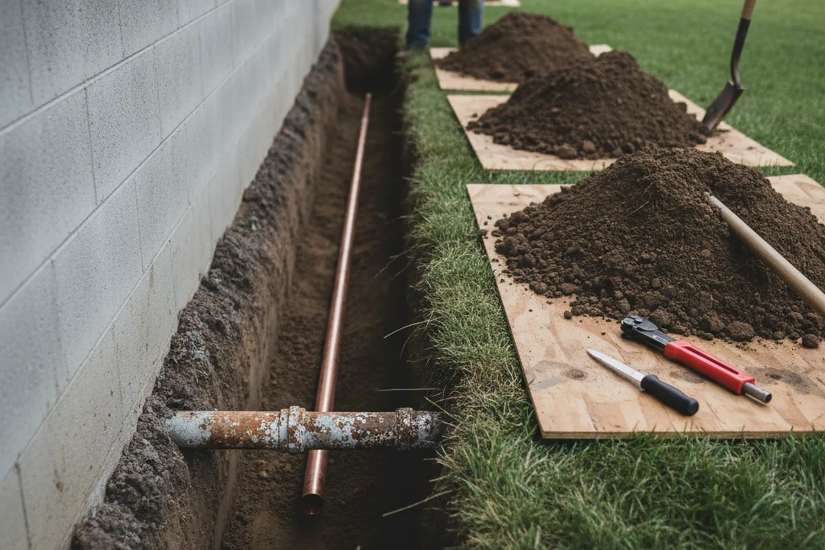 Excavated water line trench during Water Softener Installation in San Geronimo